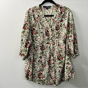 Denim 24/7 Green & Red Short Sleeve Floral Pintuck Cotton Button Down Shirt 18W